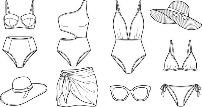 Women summer swimwear fashion and beach accessories line icons set featuring bikini swimsuit monokini sarong hat sunglasses vector
