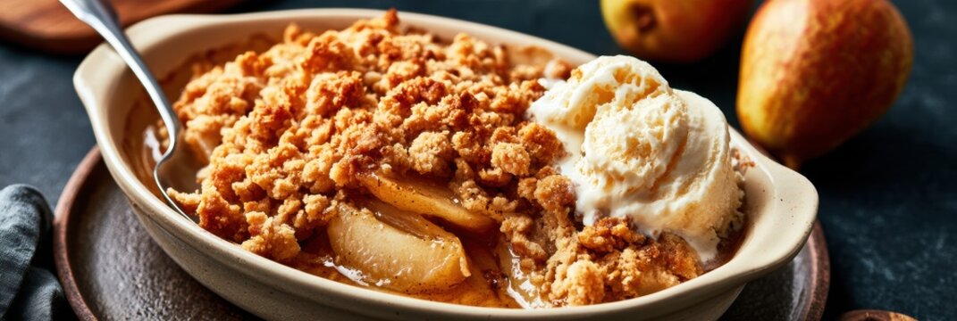 A warm pear crumble sits in a ceramic dish with ice cream melting beside it, all under soft amber light in a dark kitchen.