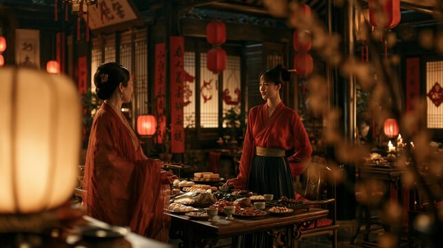 a traditional Chinese tea ceremony. Two women, dressed in traditional red robes, stand at a wooden table laden with food items and drinks. The setting is a dimly lit.