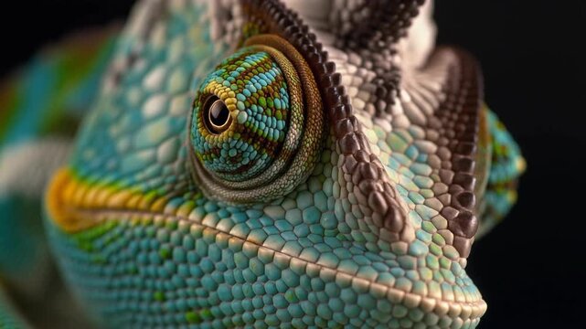 Close up of colorful panther chameleon eye and skin lizard