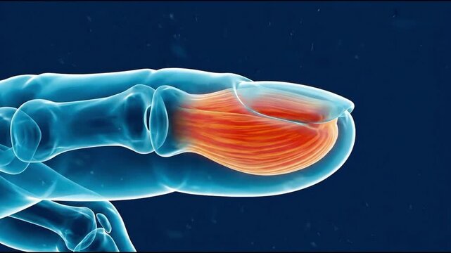 3D medical animation showcasing the internal muscle fibers and skeletal structure of a human thumb