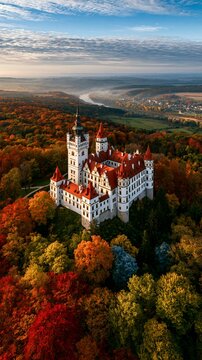 a majestic castle nestled amidst a dense forest during autumn. The castle, with its white walls and red roofs, stands tall amidst the trees, which display a mix of vibrant red, orange, yellow.