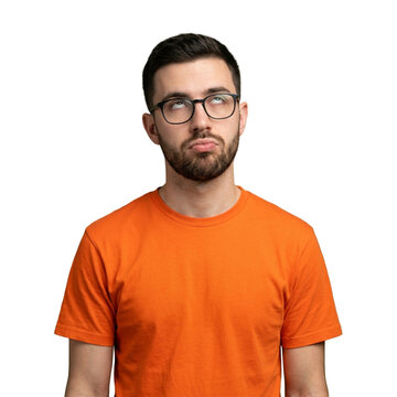 Annoyed Young Man Rolling Eyes Upwards in Orange T-shirt Isolated on White Background