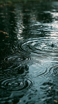 a rainsoaked scene. The main subject is a rippled water surface with multiple concentric circles, each containing a single droplet, creating a mesmerizing pattern. The waters surface is dark.