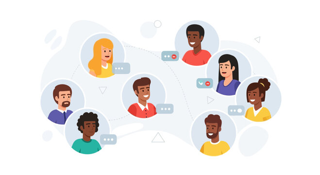 Diverse group of people connected in a virtual network, representing communication and community