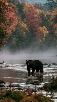 a serene forest scene during autumn. A black bear stands on a rock in the foreground, gazing directly at the camera. The bears fur is a deep black.