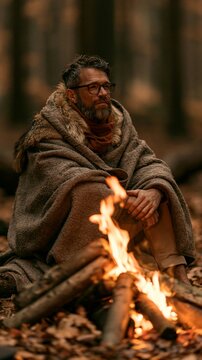 a man seated by a campfire in a forest. He wears a thick, textured blanket with a fur collar, a scarf, and glasses. The mans hands rest on his lap, and his gaze is directed to the side.