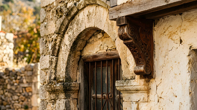 Ancient stone archway with a wooden corbel and iron window grate in a historic village