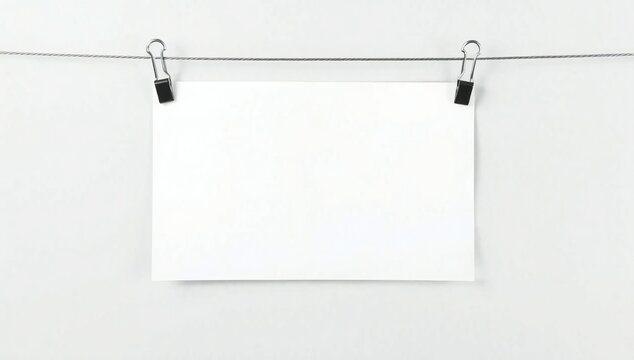 Blank white paper card hanging on a thin string with black metal binder clips