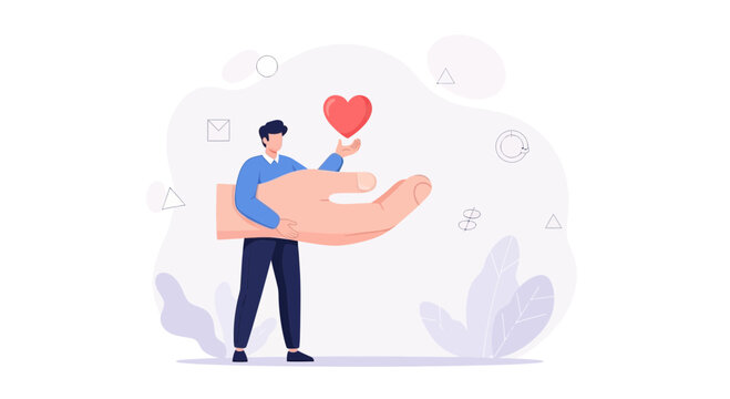 Man holding heart with helping hand illustration - concept of love, support, charity, care, and donation