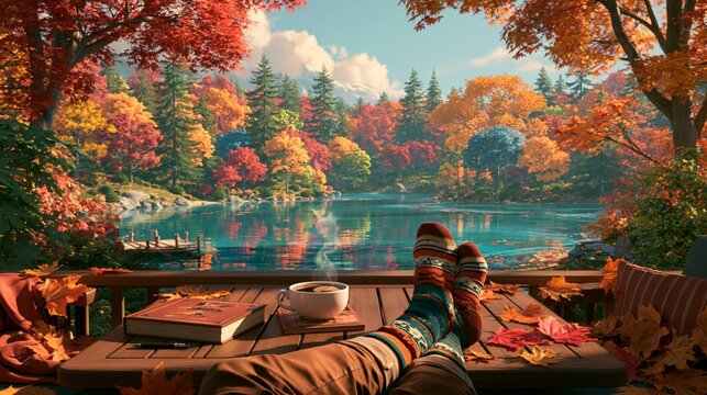 a serene autumnal landscape. A persons feet rest on a wooden deck, holding a cup of hot beverage and a book. The person wears striped socks and brown pants.