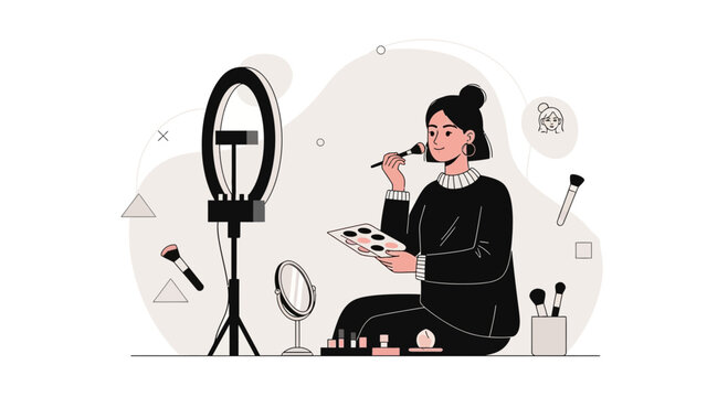 Woman applying makeup in front of ring light, vector illustration for beauty, vlogging, and online content creation.