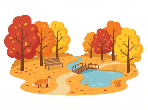 Flat design autumn park landscape vector illustration featuring a winding path, wooden bridge over blue pond, bench, fox, and squirrel.