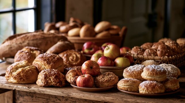 a variety of baked goods arranged on a wooden table. The main subject is a collection of breads, pastries, and buns, each with a goldenbrown crust and a soft, fluffy interior.