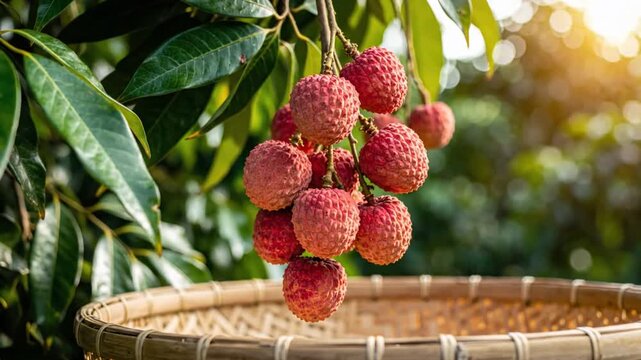 Ripe red lychee fruits hanging on tree branch with sunlight in farm garden basket for harvest