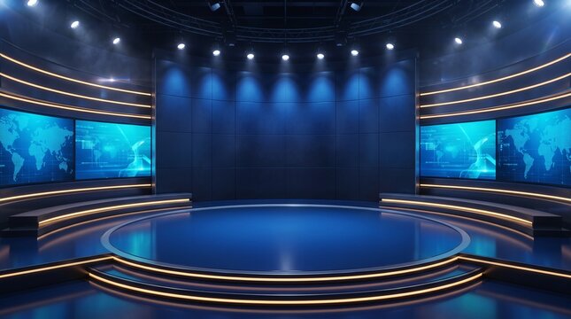 Modern virtual news studio stage background with blue lights and digital screens for broadcasting
