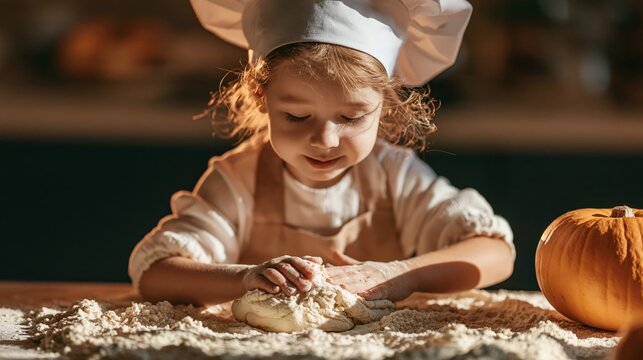 a young child, likely a toddler, in a kitchen. The child, wearing a white chefs hat and a lightcolored apron, intently kneading dough on a wooden surface covered in flour.