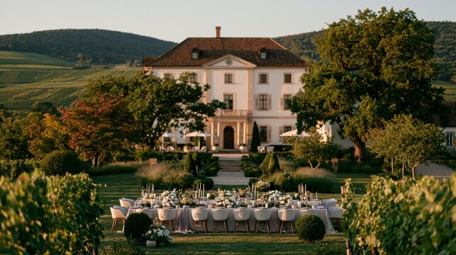 a lavish outdoor dining setup in a picturesque countryside setting. The main subject is a grand, twostory white mansion with a redtiled roof, surrounded by lush greenery and rolling hills. A long.