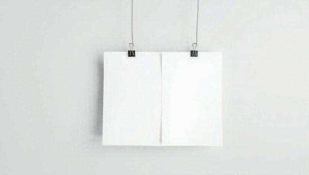 Two blank white paper sheets hanging from black metal clips on a string