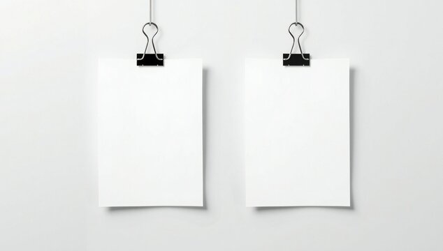 Two blank white paper sheets hanging from black metal binder clips