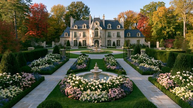 a grand, opulent mansion situated in a lush, wellmaintained garden. The mansion features a symmetrical facade with multiple windows, ornate detailing, and a bluetiled roof.