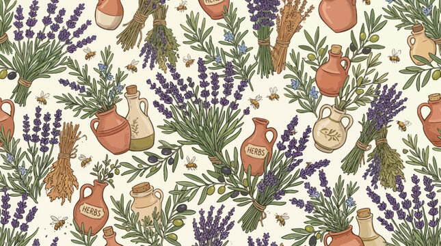 Rich Mediterranean Lavender and Olive Branch Seamless Pattern Design

