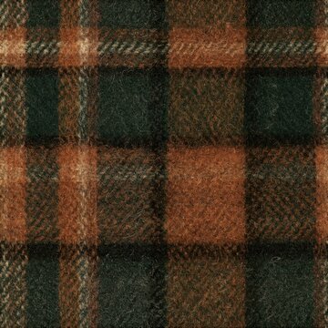 a textured fabric with a checkered pattern. The fabric features a rich, warm color palette of brown, green, and orange hues. The pattern consists of interlocking squares.