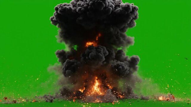 Epic and Powerful Explosive Blast with Black Smoke on Green Screen Background for VFX and Editing