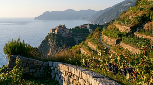 a picturesque coastal village nestled on a cliff overlooking the sea. The village is built on a steep cliff, surrounded by lush greenery, including grapevines and shrubs. The sky is a clear blue.