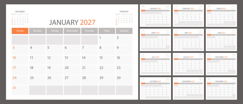 Calendar planner 2027 year, schedule month calender, American organizer template. Week starts on Sunday. Business personal page. Modern simple dairy for USA. Vector illustration