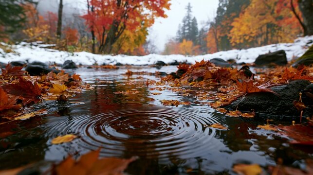 a serene moment in a forest. The main subject is a still body of water reflecting the surrounding trees and foliage. The waters surface is rippled.