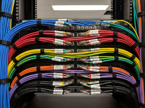 **&ldquo;Color-Coded Cable Identification&rdquo; &mdash; a highly detailed close-up of neatly organized electrical and fiber-optic cables in a professional technical environment. Multiple cables in distinct colors 