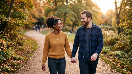 Naklejka premium Happy couple holding hands walking in autumn park during golden hour