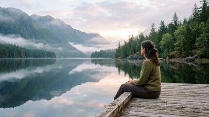 Fototapeta premium Woman sitting on wooden dock overlooking misty mountain lake at sunrise