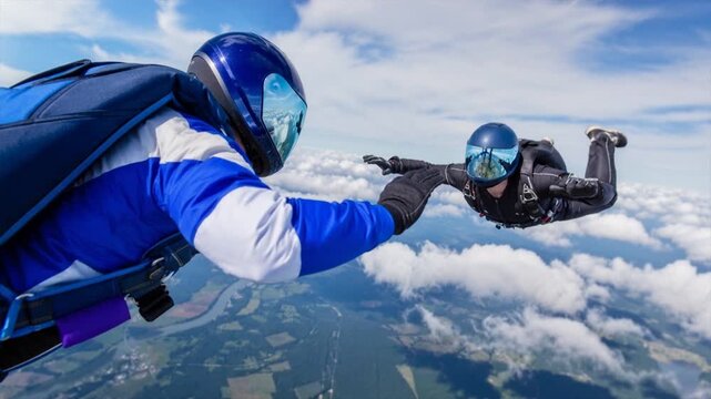 Parachute jump flight during a skydiving activity at high altitude above the clouds