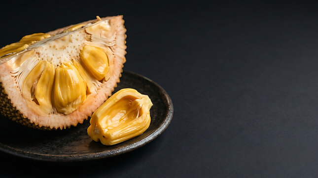 Close-up of ripe jackfruit placed on a small black plate emphasizing the vibrant yellow flesh and seed structure isolated on