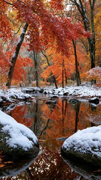 a serene forest scene. The main subject is a tranquil body of water reflecting the trees vibrant red and orange leaves and snowcovered rocks. The waters surface mirrors the trees and rocks.