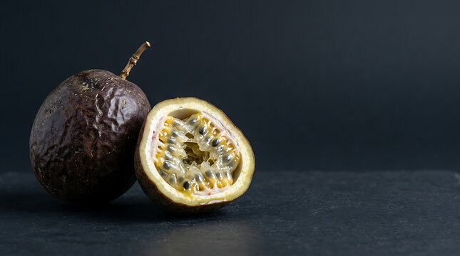 Close-up of a whole and halved passion fruit revealing seeds and pulp on dark background