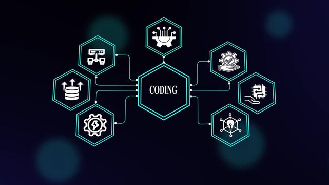 Coding Technology Concept with Futuristic Neon Hexagon Icons for Software Development, Programming, Data Analytics, Automation and Digital Systems.