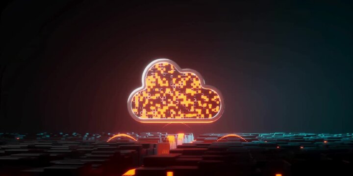 Digital cloud technology representing secure data storage and networking systems with bright glowing orange pixelated patterns floating over a dark surface showing futuristic connectivity