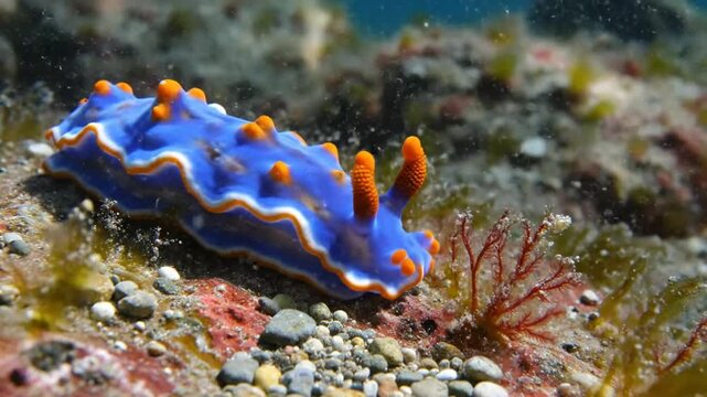Bright Blue Sea Slug with Orange Gills and Spots on Colorful Coral Reef Underwater in Ocean