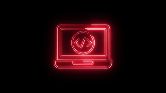 Coding on Laptop Screen Icon Animation with Glowing Lines on Black Background