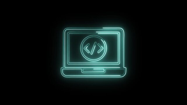 Coding on Laptop Screen Icon Animation with Glowing Lines on Black Background