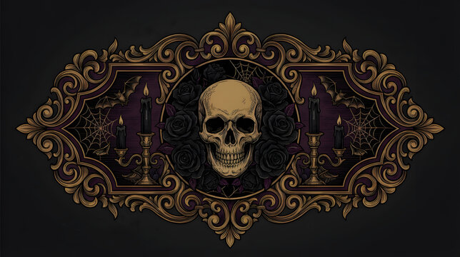 Ornate Victorian-style decorative emblem featuring a central skull, flanked by candles and spiderwebs, perfect for gothic or Halloween themes