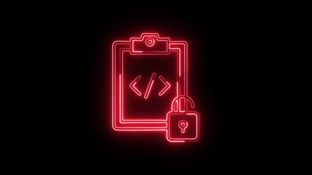 Code Clipboard Document Lock Icon Animation with Glowing Lines on Black Background