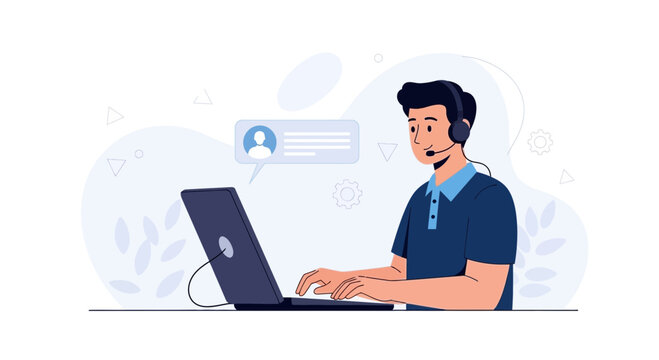 Customer service representative with headset working on laptop, communication and support concept, vector illustration