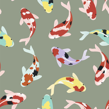 Seamless pattern featuring hand-drawn colorful koi fish in various swimming poses on a muted sage green background. Artistic nishikigoi carp illustration with red, white, and yellow markings.