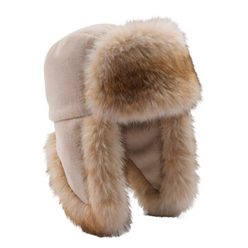 Beige Faux Fur Trapper Winter Hat with Ear Flaps Isolated