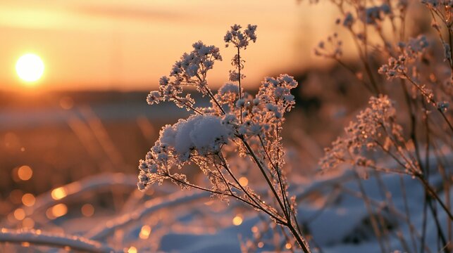 a serene winter scene at sunset. The sun casts a warm, golden hue over a snowy landscape. A cluster of snowcovered plants with delicate, frostcovered flowers is the main subject.