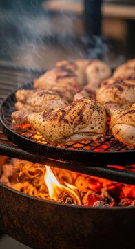 Grilled chicken cooking over open flame on barbecue.